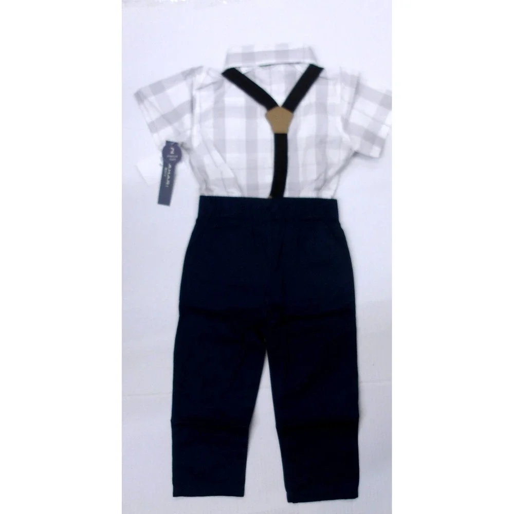 Tahari Boy 4-Piece Set‎ Navy Plaid Shirt Pants Suspenders Bow Tie Sz 3T /#26559